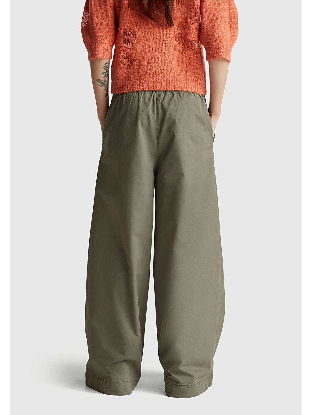 Kadın Haki %100 Pamuk Beli Lastikli Geniş Paça Pantolon-2