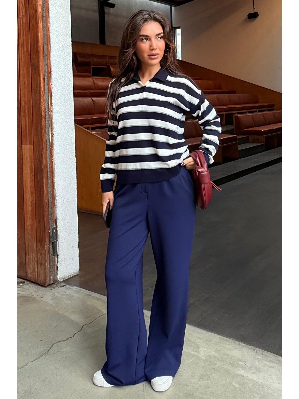 Lacivert Çizgili Polo Yaka Düğmeli Kadın Kazak Mg2561-1