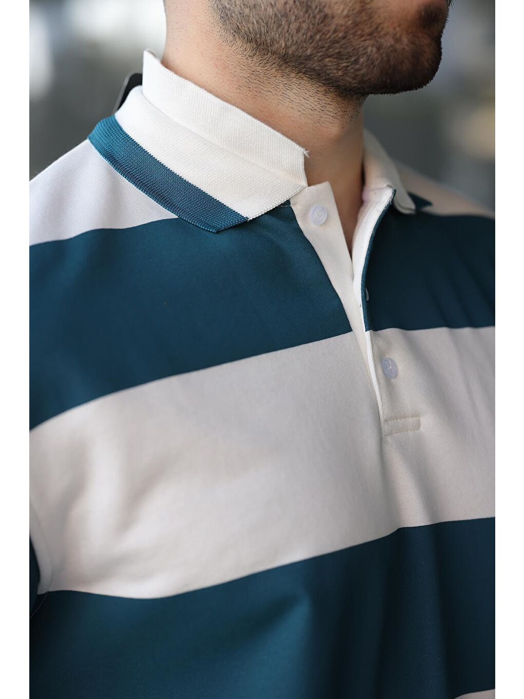 Petrol Mavisi Çizgili Polo Yaka Erkek Kazak E7173-1