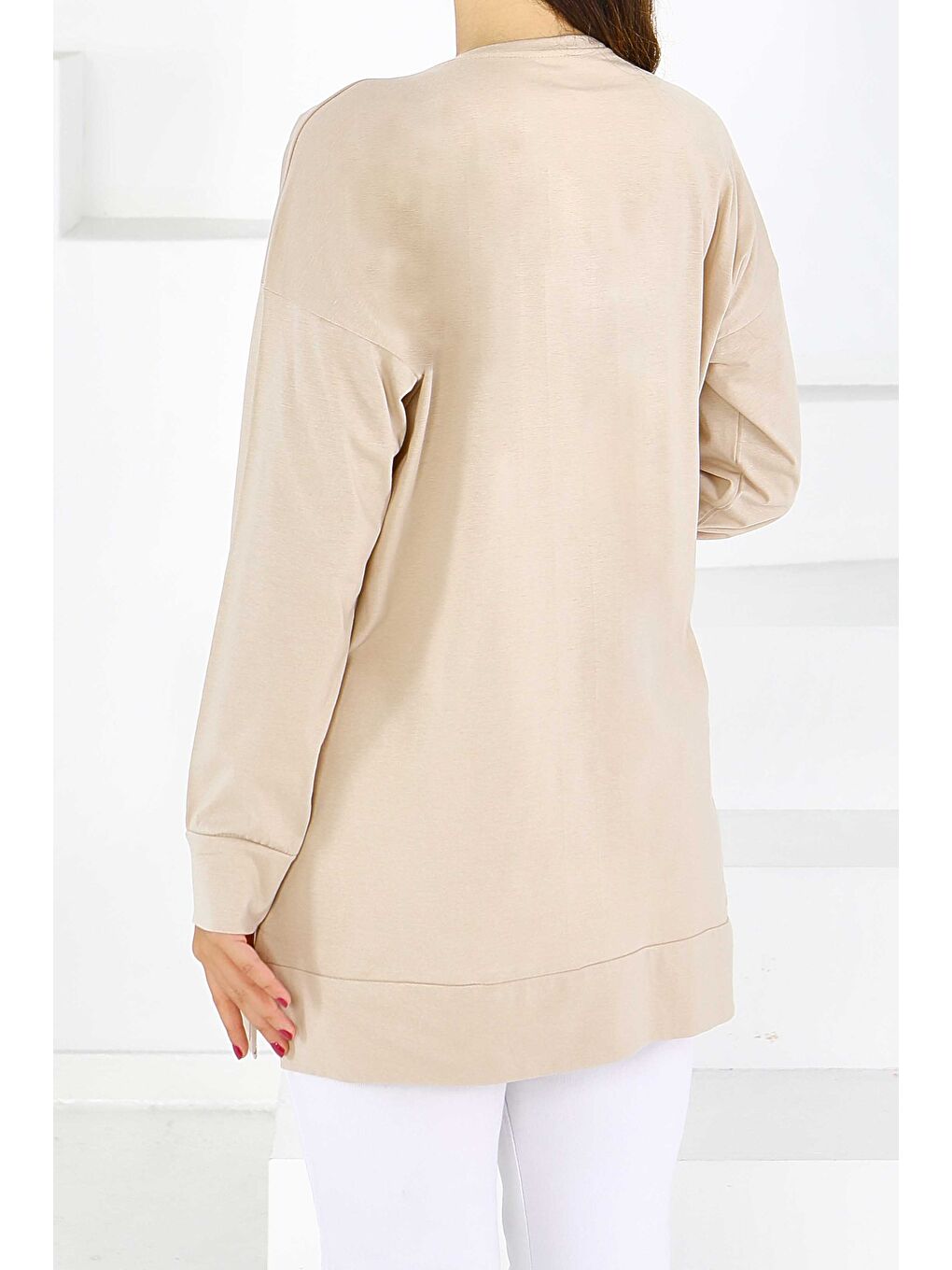 Uzun Kollu Baskılı Süprem Tunik Bej - 27584-3