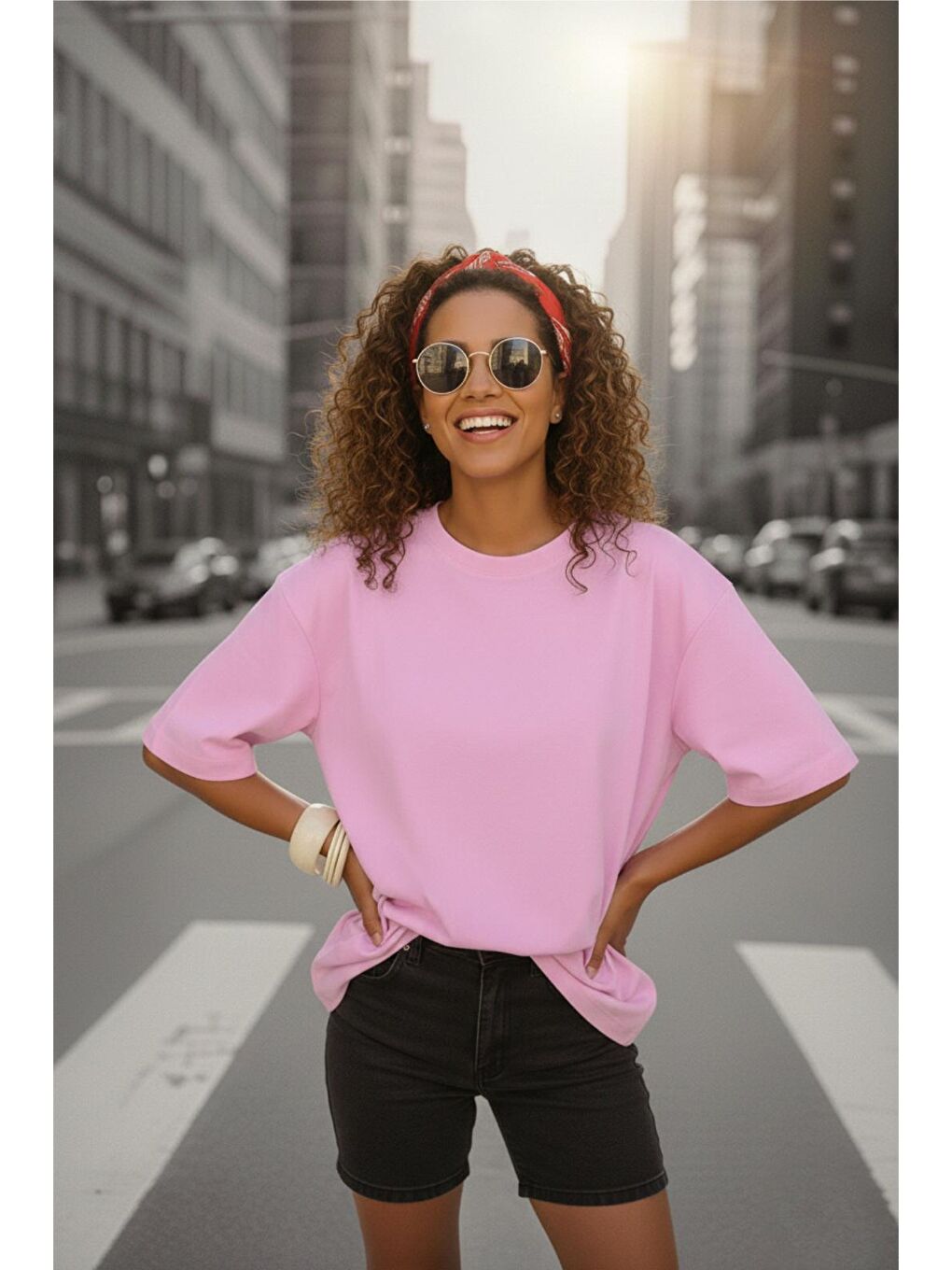 Pembe Mily Kadın Oversize Basic Bisiklet Yaka Pamuklu T-Shirt Rahat Kesim Unisex Sevgili Kombini-1