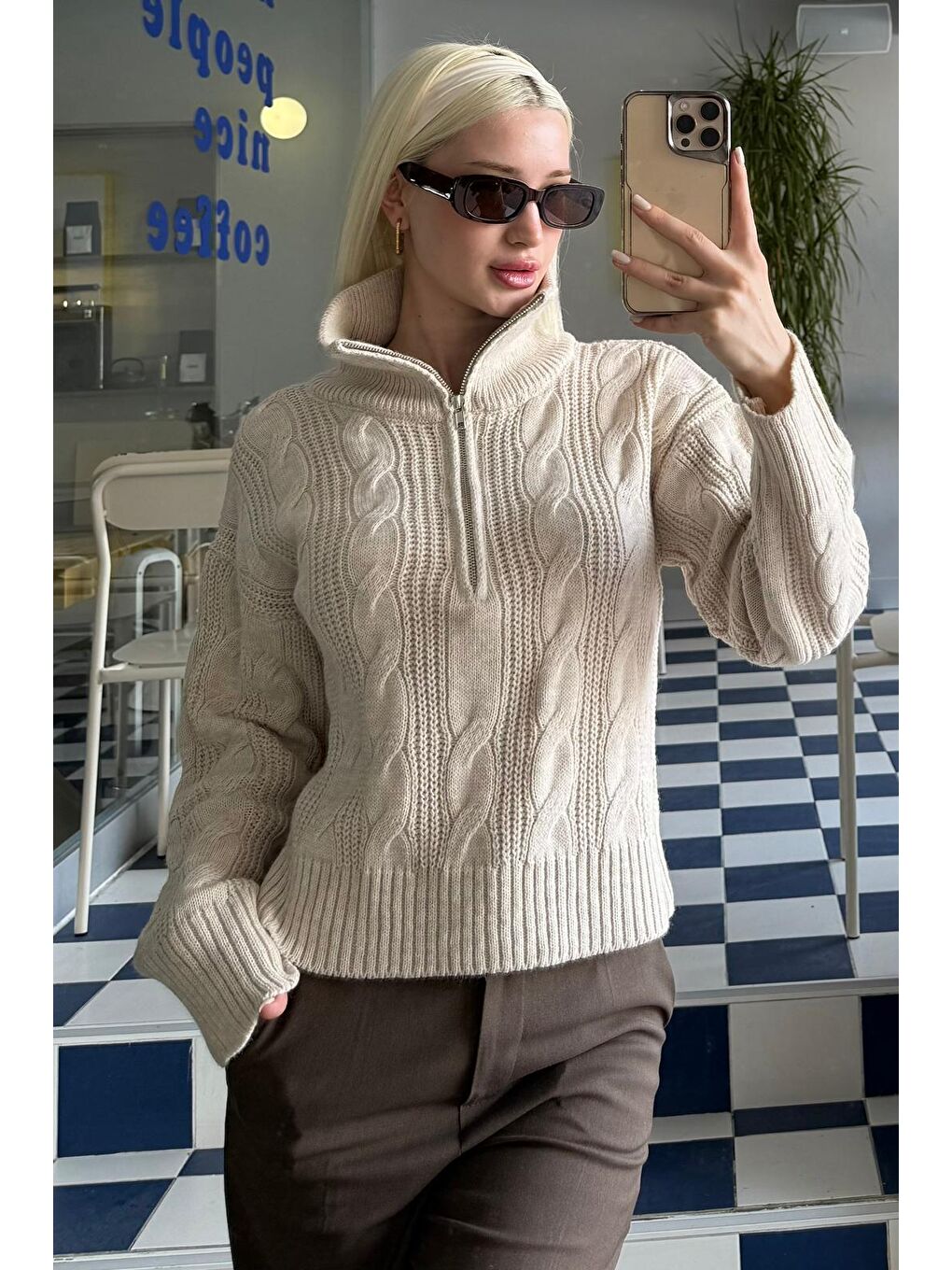 Bej Örgü Desenli Kadın Triko Kazak Mg2546-6