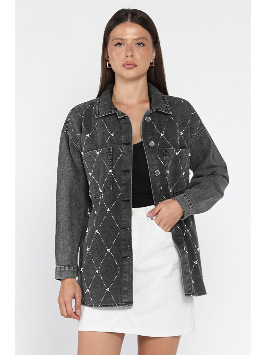 Antrasit Kadın İnci Ve Taş İşlemeli Çift Cepli Jean Ceket