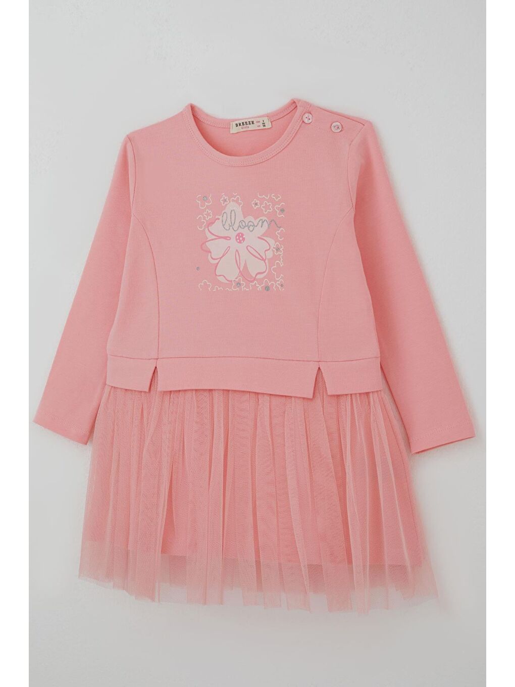 Kız Çocuk Uzun Kollu Elbise Çiçek Baskılı Tüllü Pembe (2-6 Yaş)-2