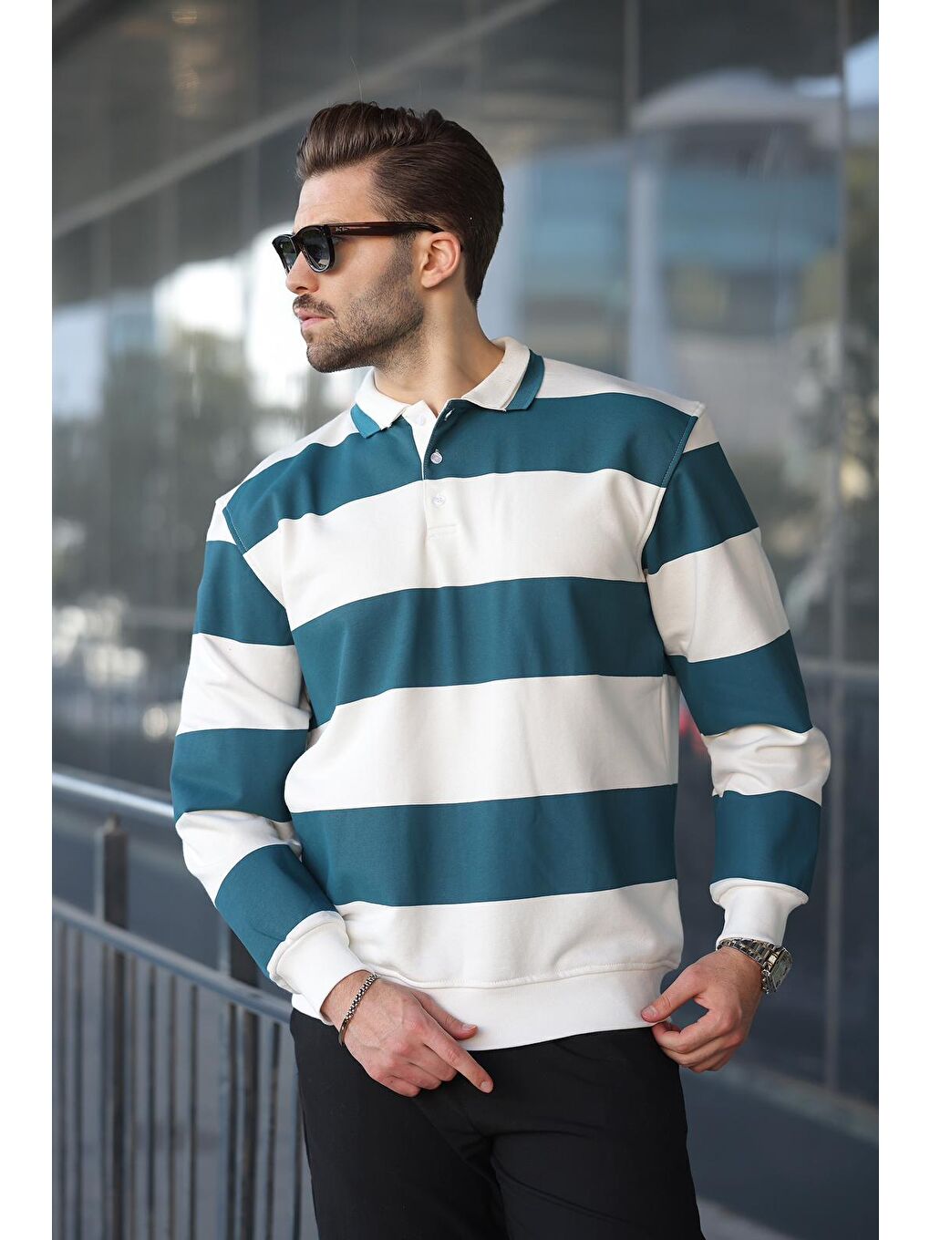 Petrol Mavisi Çizgili Polo Yaka Erkek Kazak E7173-2