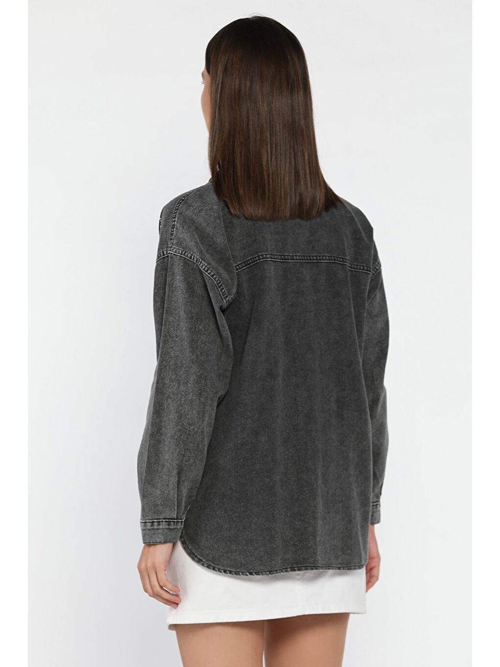 Antrasit Kadın İnci Ve Taş İşlemeli Çift Cepli Jean Ceket-1