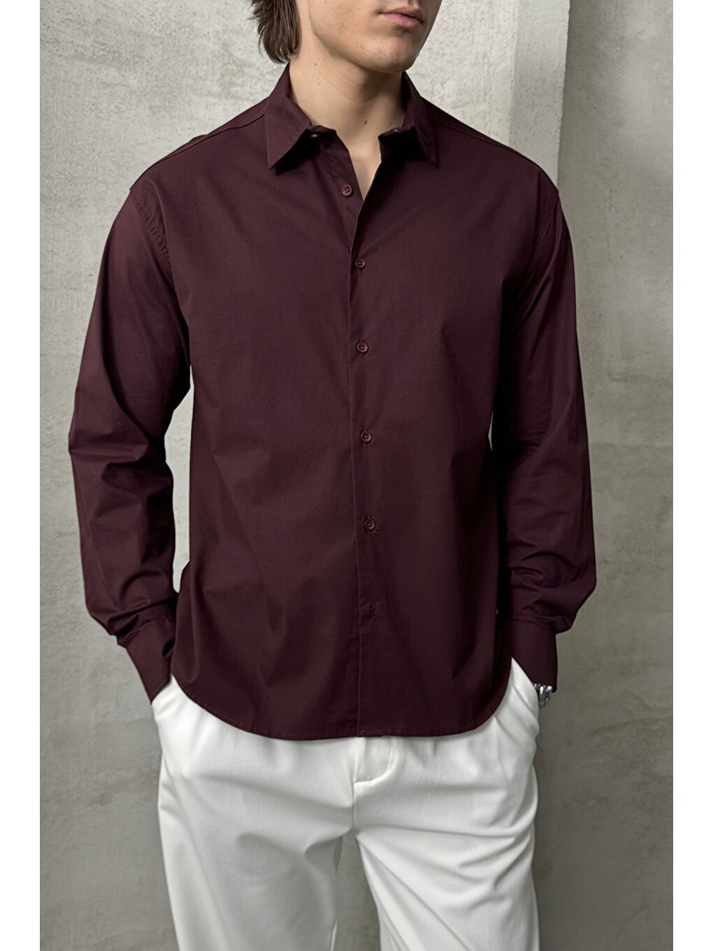 Bordo Erkek Oversize Pamuklu Poplin Gömlek