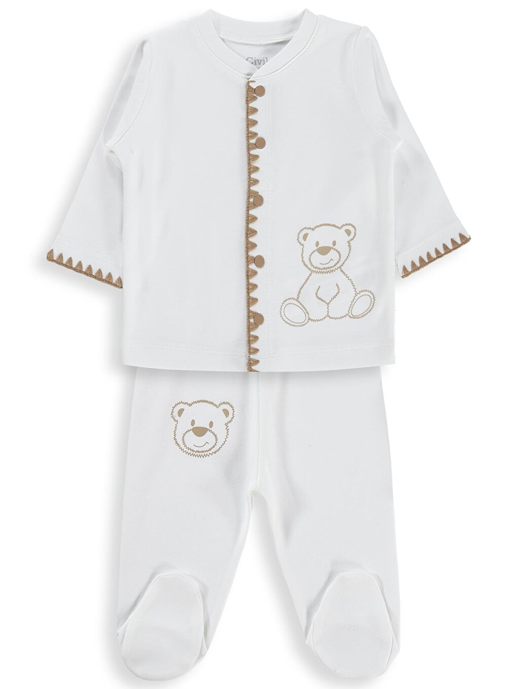 Baby Oturan Tatlı Ayı Baskılı 1-9 Ay Pijama Takımı - Ekru