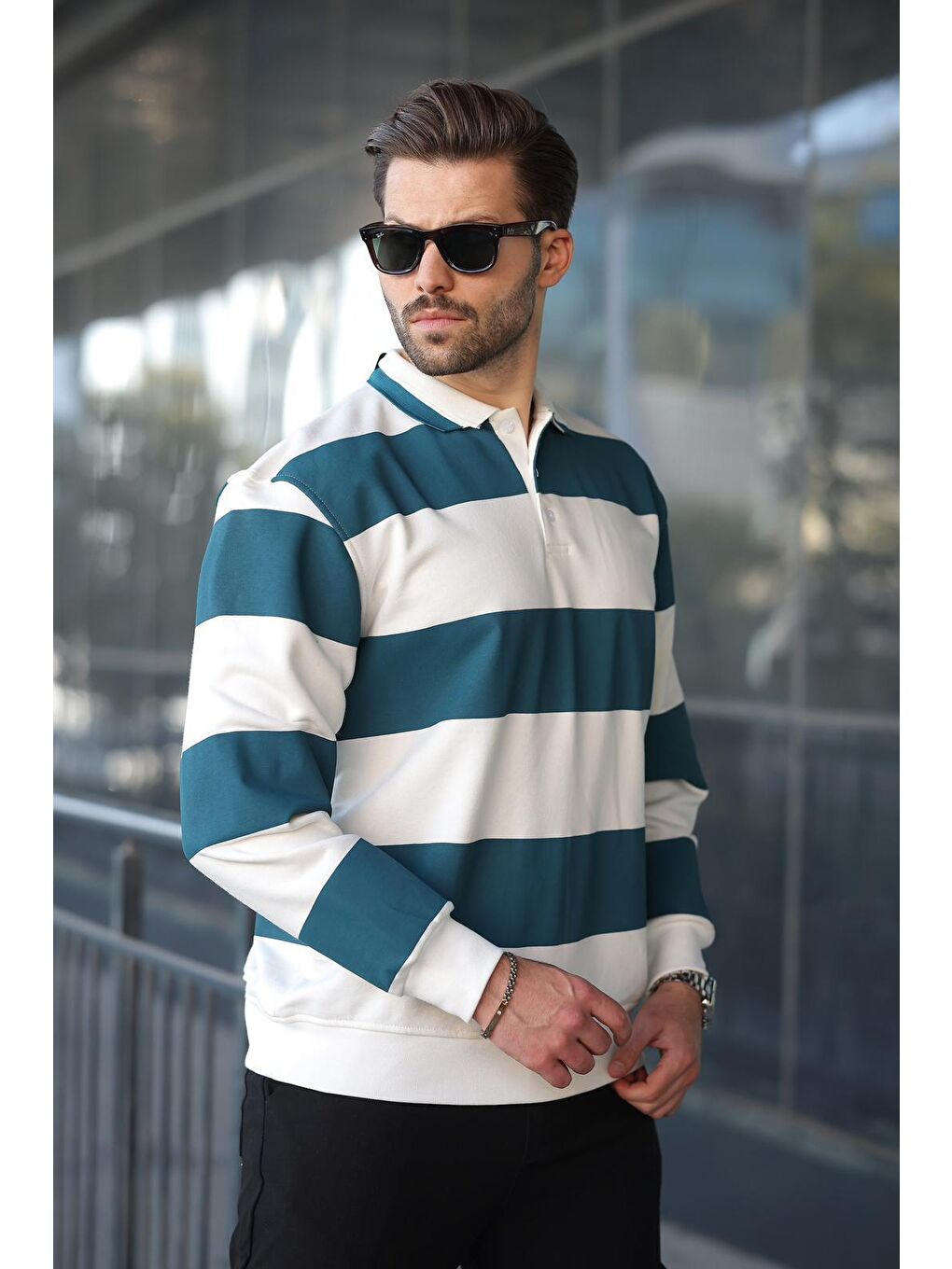 Petrol Mavisi Çizgili Polo Yaka Erkek Kazak E7173-3