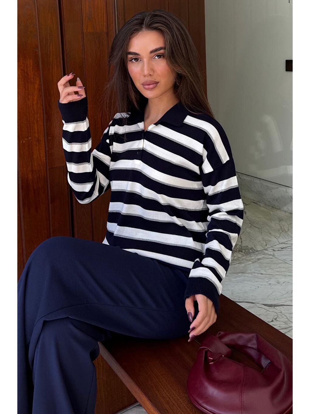 Lacivert Çizgili Polo Yaka Düğmeli Kadın Kazak Mg2561-3