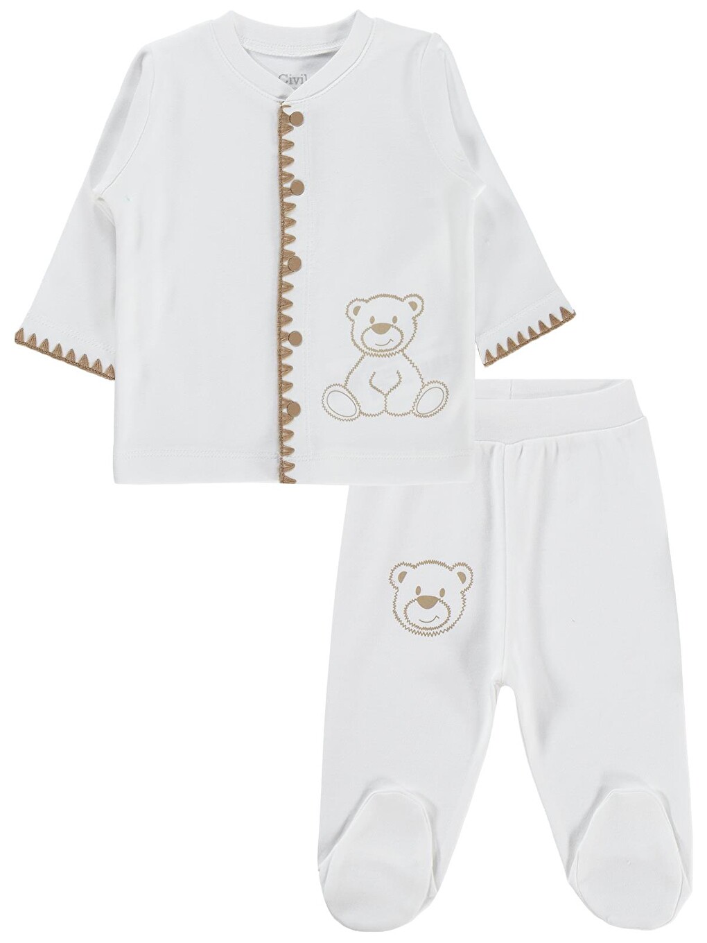 Baby Oturan Tatlı Ayı Baskılı 1-9 Ay Pijama Takımı - Ekru-2