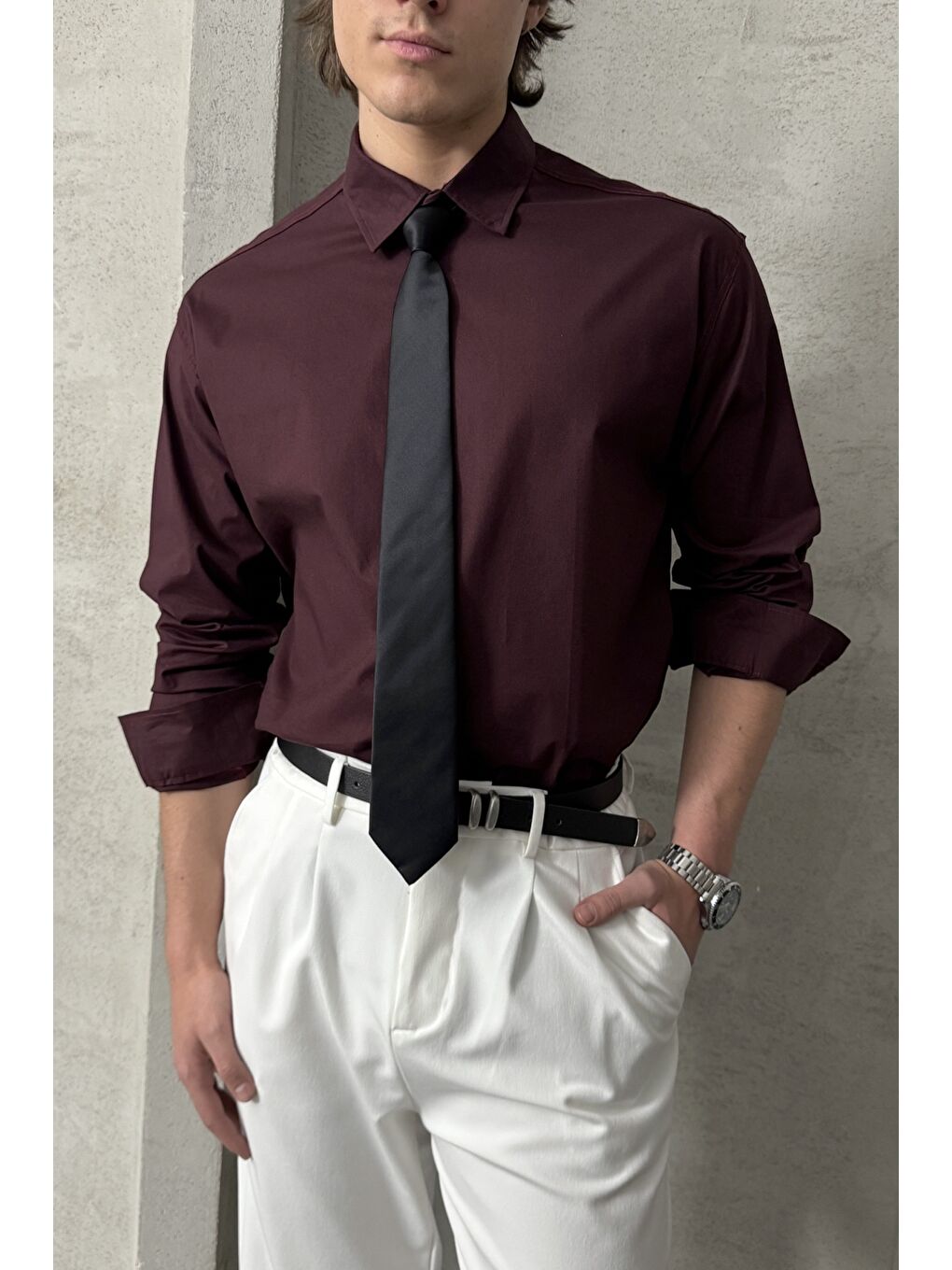 Bordo Erkek Oversize Pamuklu Poplin Gömlek-1