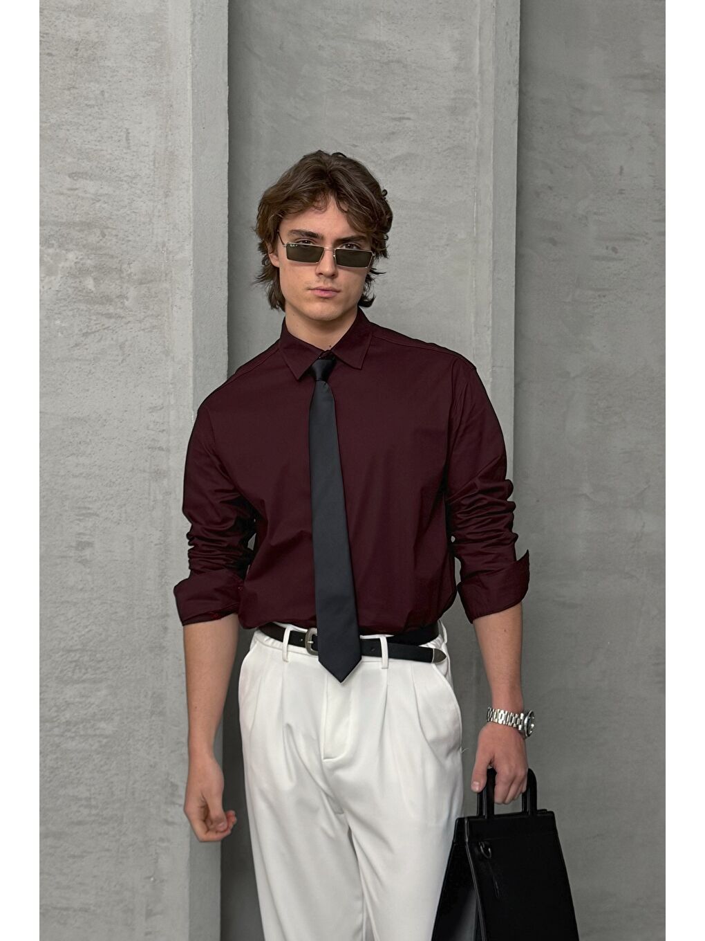 Bordo Erkek Oversize Pamuklu Poplin Gömlek-2