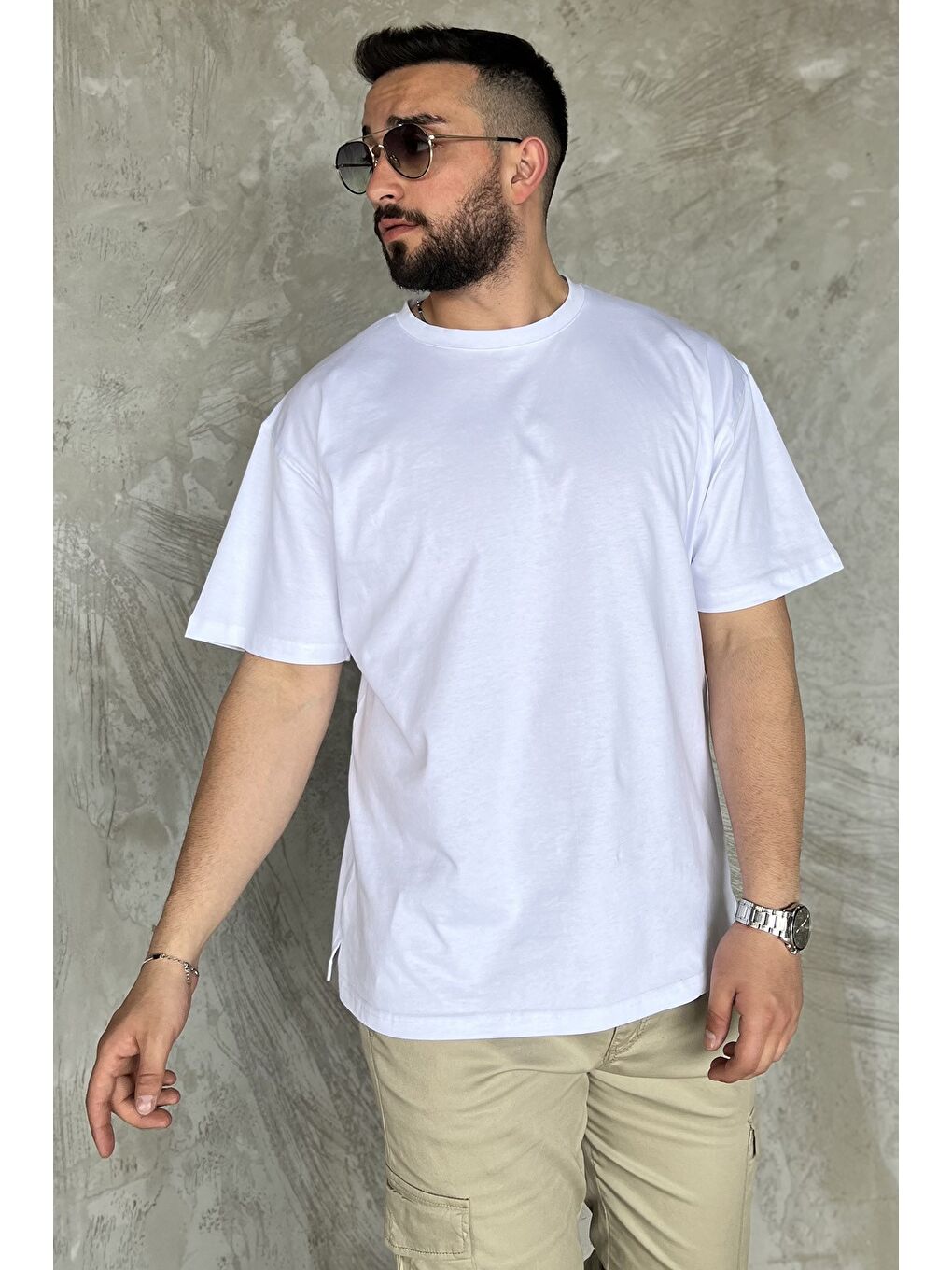 Beyaz Bisiklet Yaka Erkek Tişört-1