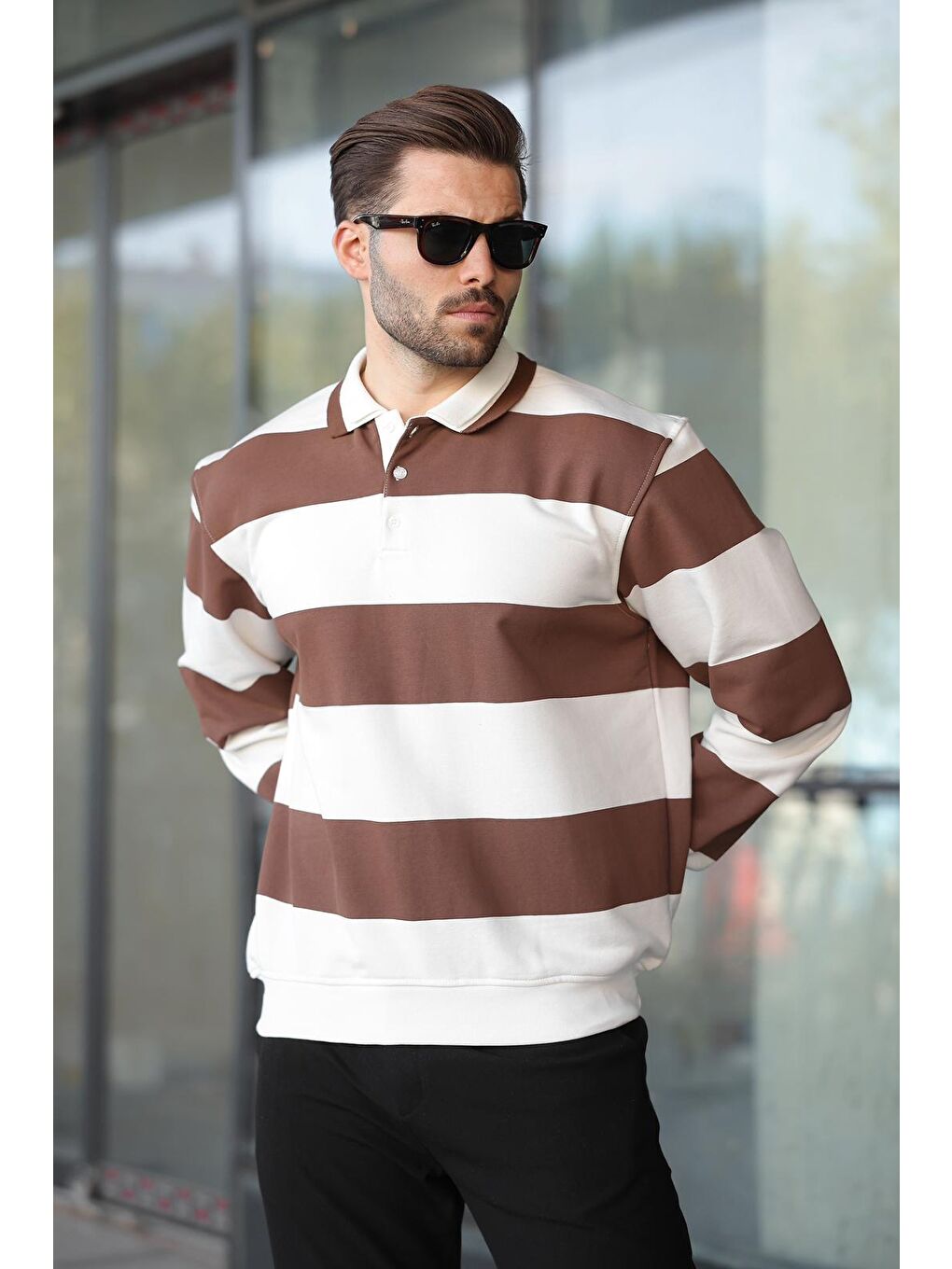 Kahverengi Çizgili Polo Yaka Erkek Kazak E7173-2