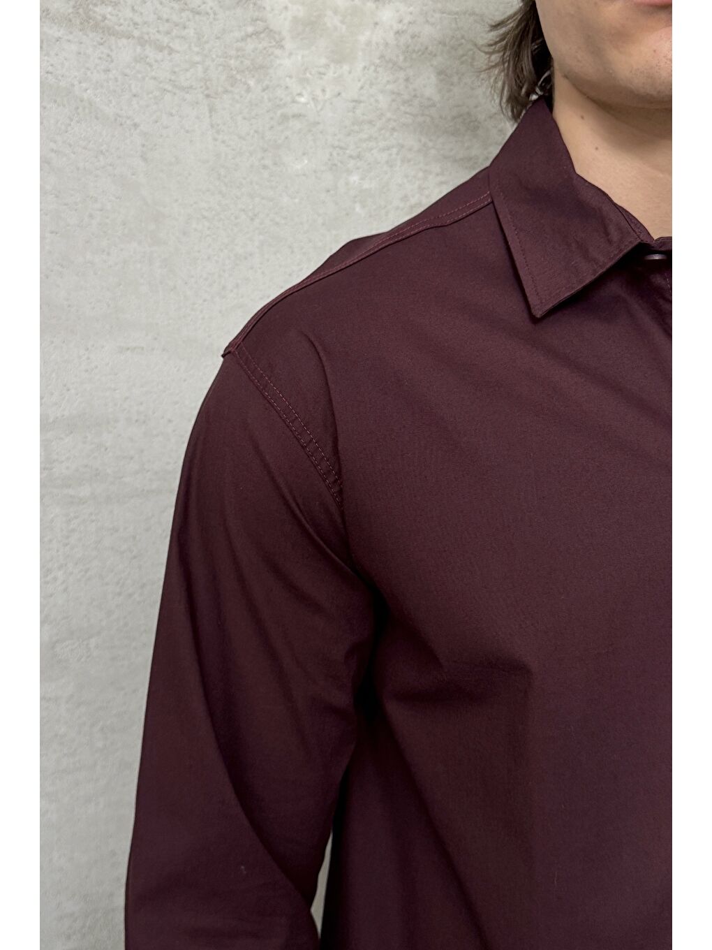 Bordo Erkek Oversize Pamuklu Poplin Gömlek-3