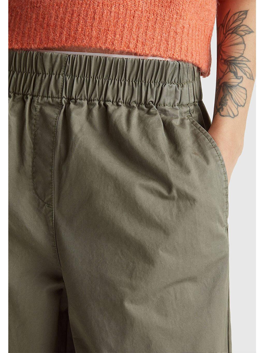 Kadın Haki %100 Pamuk Beli Lastikli Geniş Paça Pantolon-5