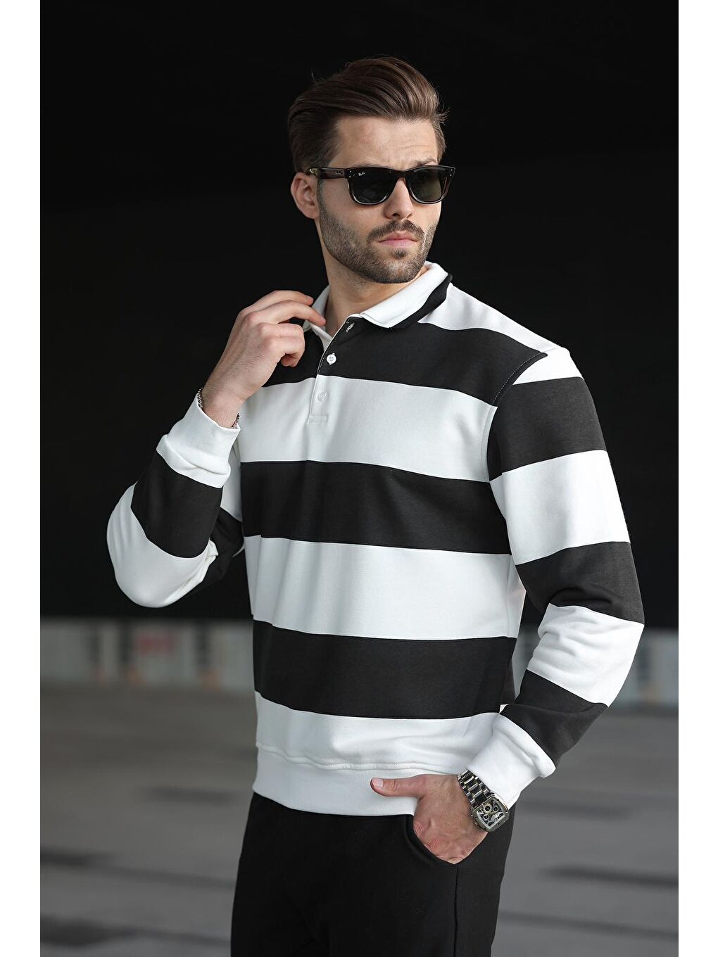 Siyah Çizgili Polo Yaka Erkek Kazak E7173