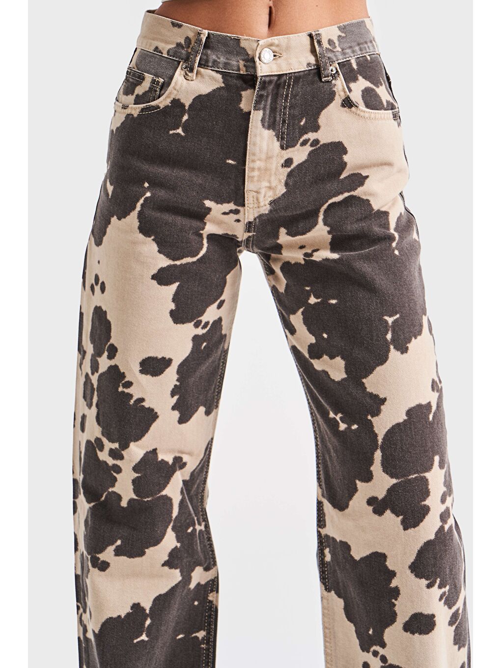 Kadın Kahverengi 6s5-57 Özel Yıkama Leopar Desenli %100 Pamuk Loose Fit Orta Bel Denim Jean-2