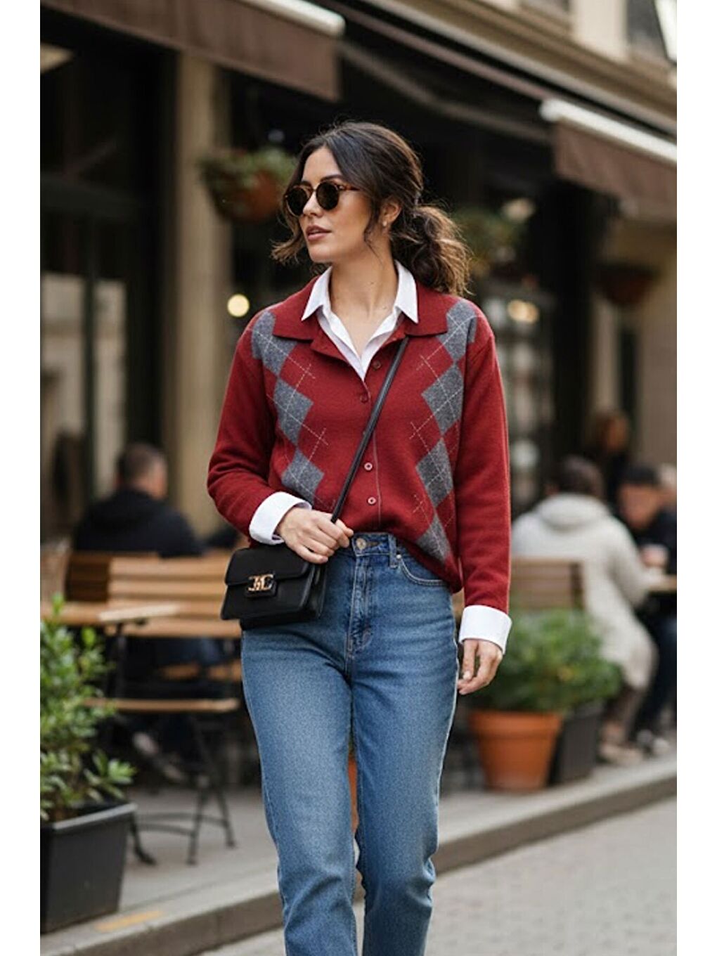 Bordo Kadın Baklava Desen Düğmeli Tasarım Yeni Trend Triko Hırka