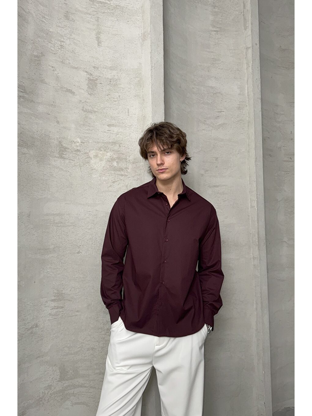 Bordo Erkek Oversize Pamuklu Poplin Gömlek-4