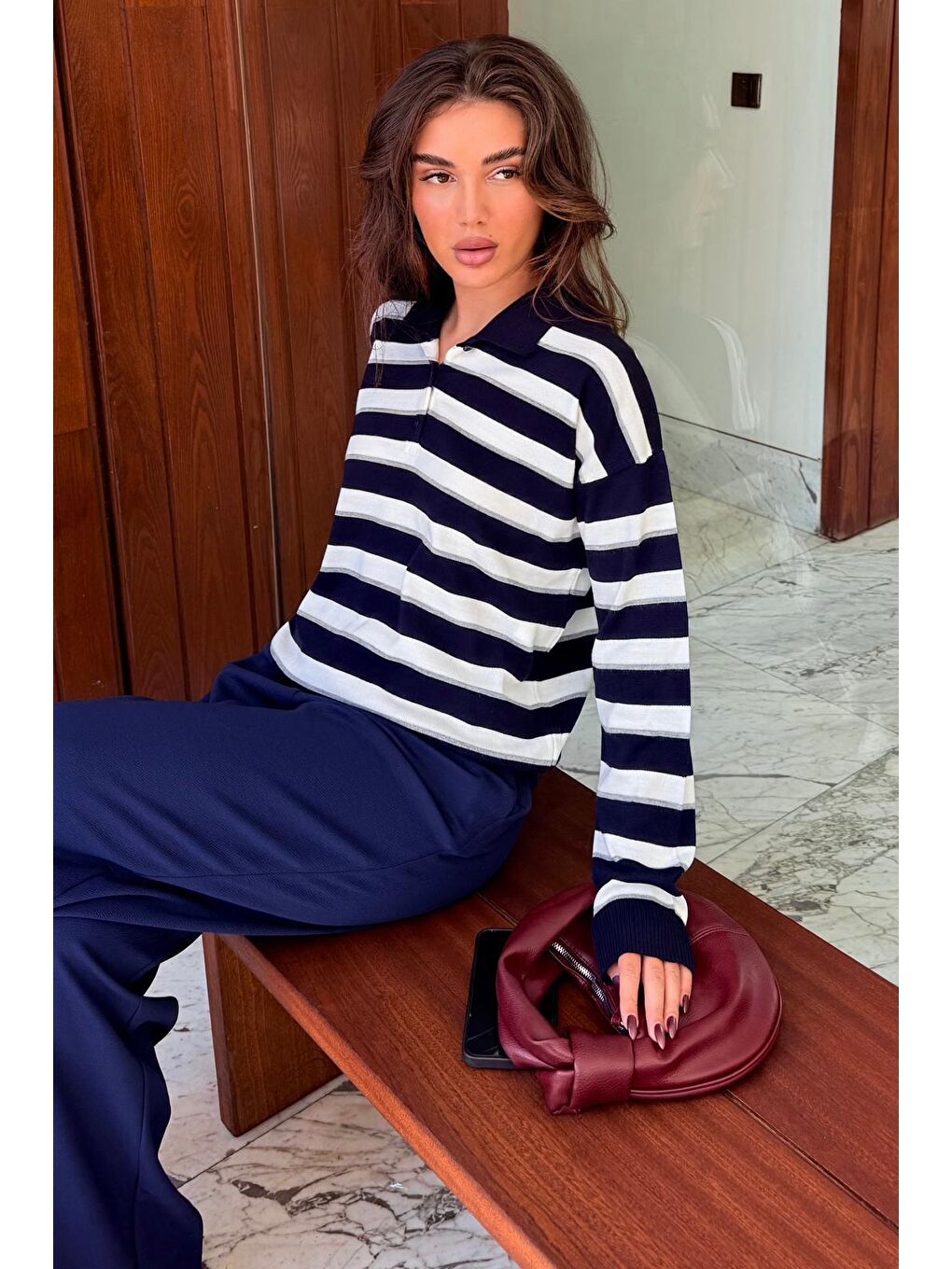 Lacivert Çizgili Polo Yaka Düğmeli Kadın Kazak Mg2561-5