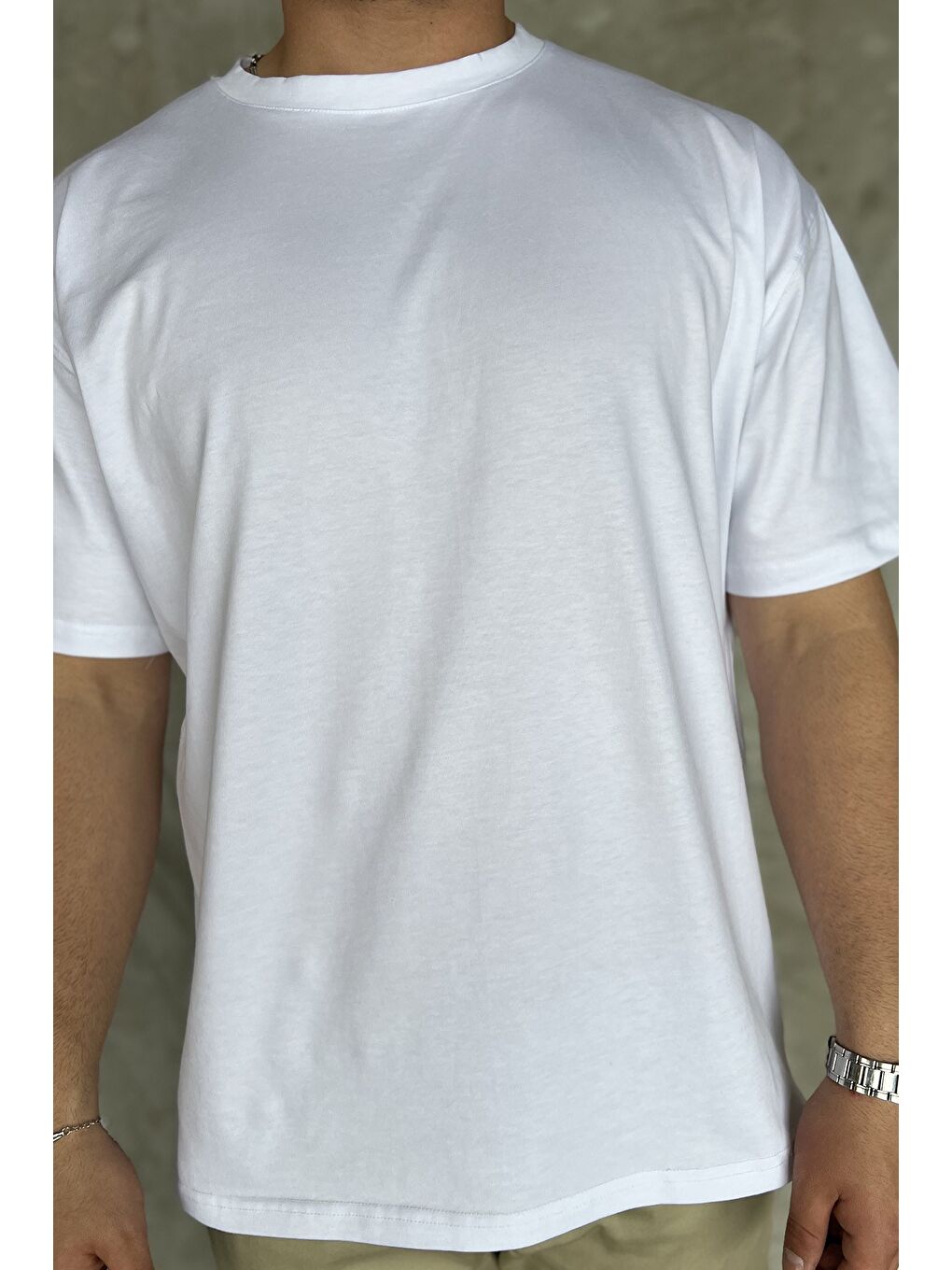 Beyaz Bisiklet Yaka Erkek Tişört-3