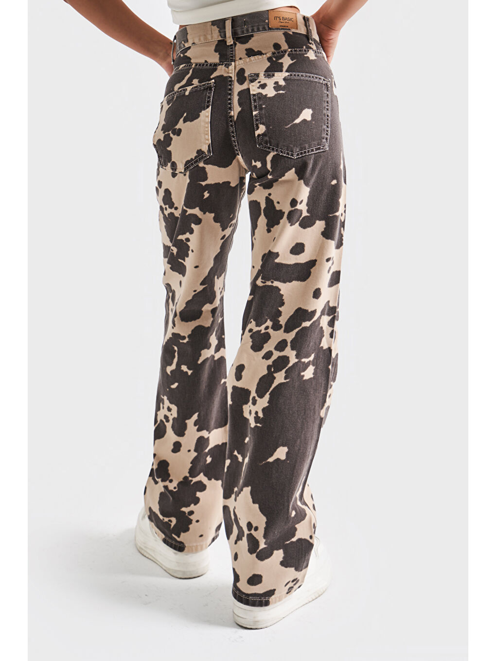 Kadın Kahverengi 6s5-57 Özel Yıkama Leopar Desenli %100 Pamuk Loose Fit Orta Bel Denim Jean-3