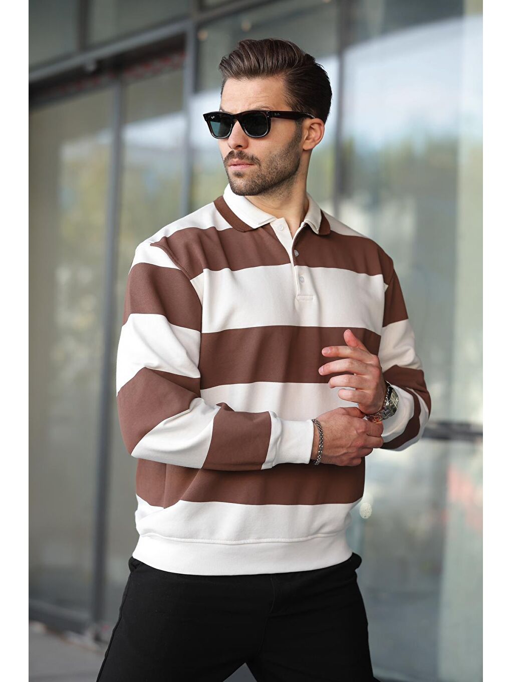 Kahverengi Çizgili Polo Yaka Erkek Kazak E7173-3