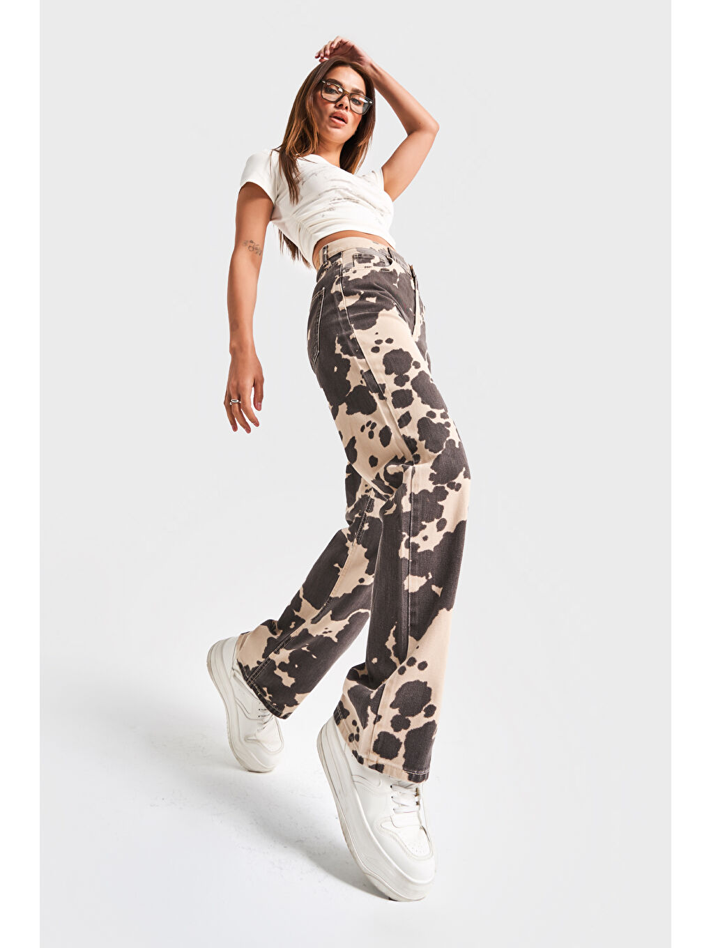 Kadın Kahverengi 6s5-57 Özel Yıkama Leopar Desenli %100 Pamuk Loose Fit Orta Bel Denim Jean-4