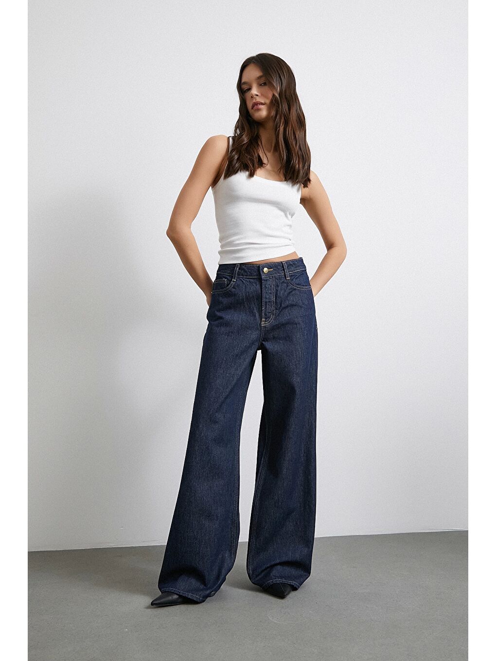 Beş Cepli Yüksek Bel Bol Paça Jean Lacivert-3