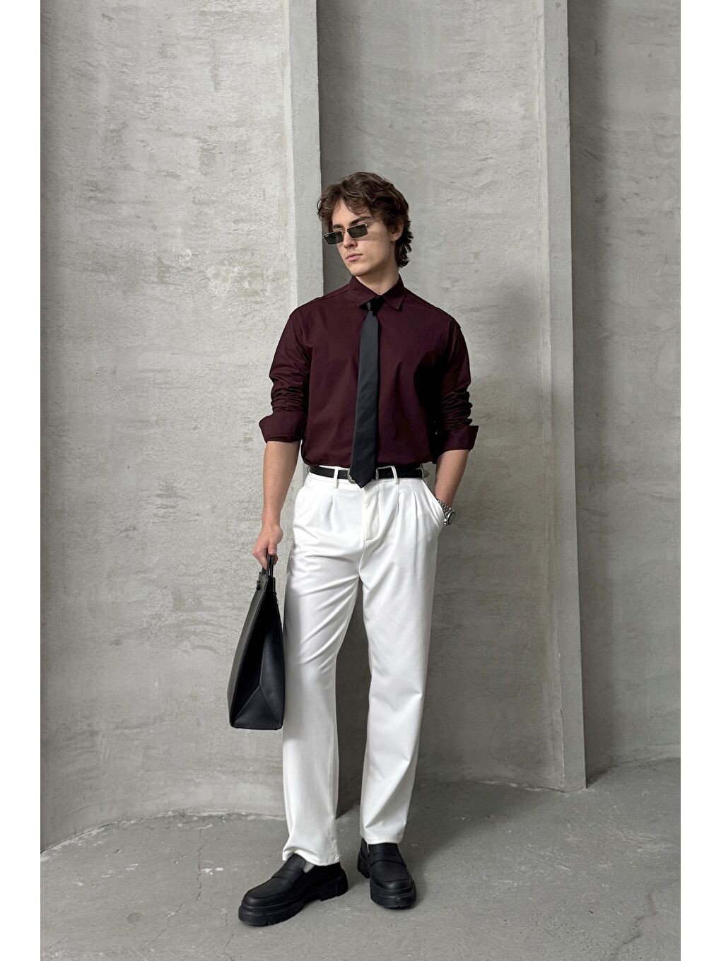 Bordo Erkek Oversize Pamuklu Poplin Gömlek-5