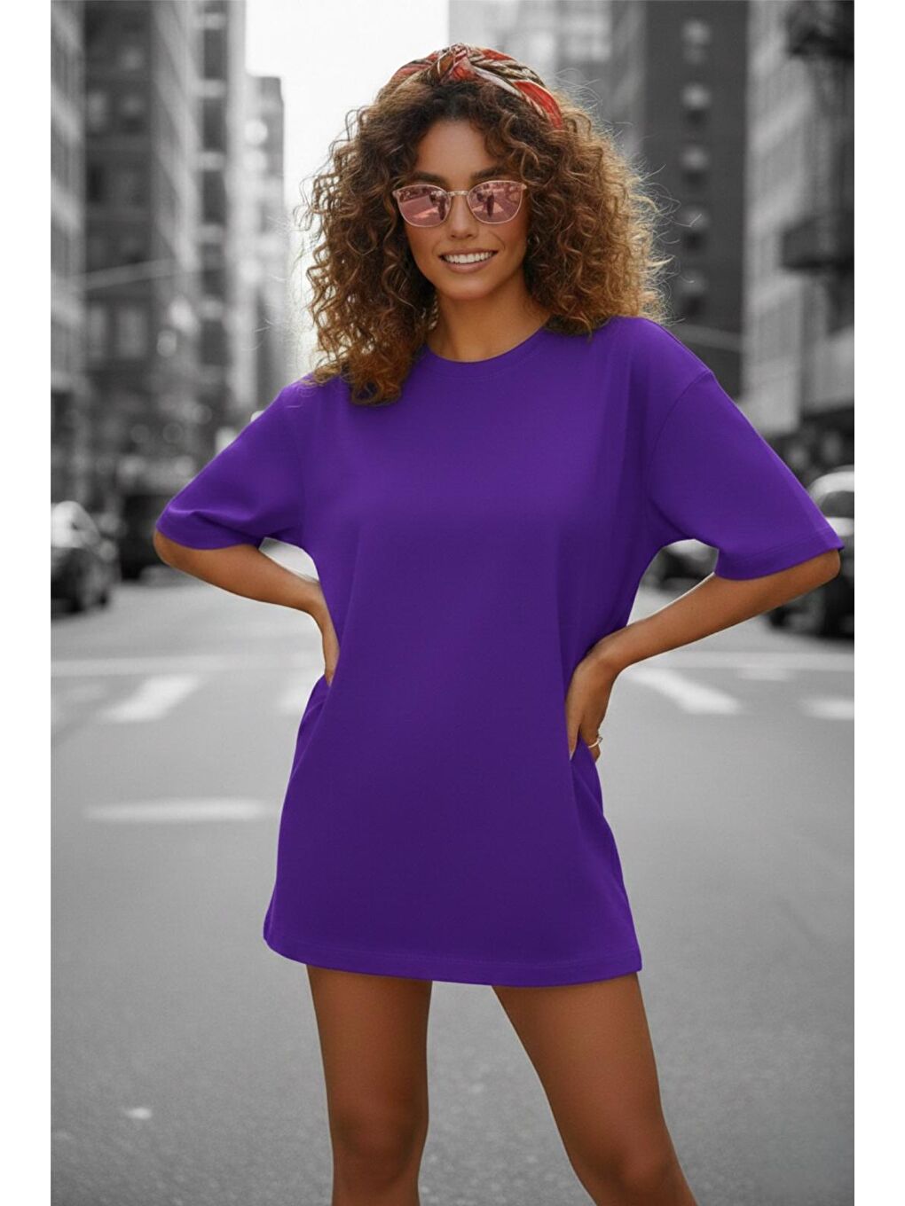 Mor Mily Kadın Oversize Basic Bisiklet Yaka Pamuklu T-Shirt Rahat Kesim Unisex Sevgili Kombini-1