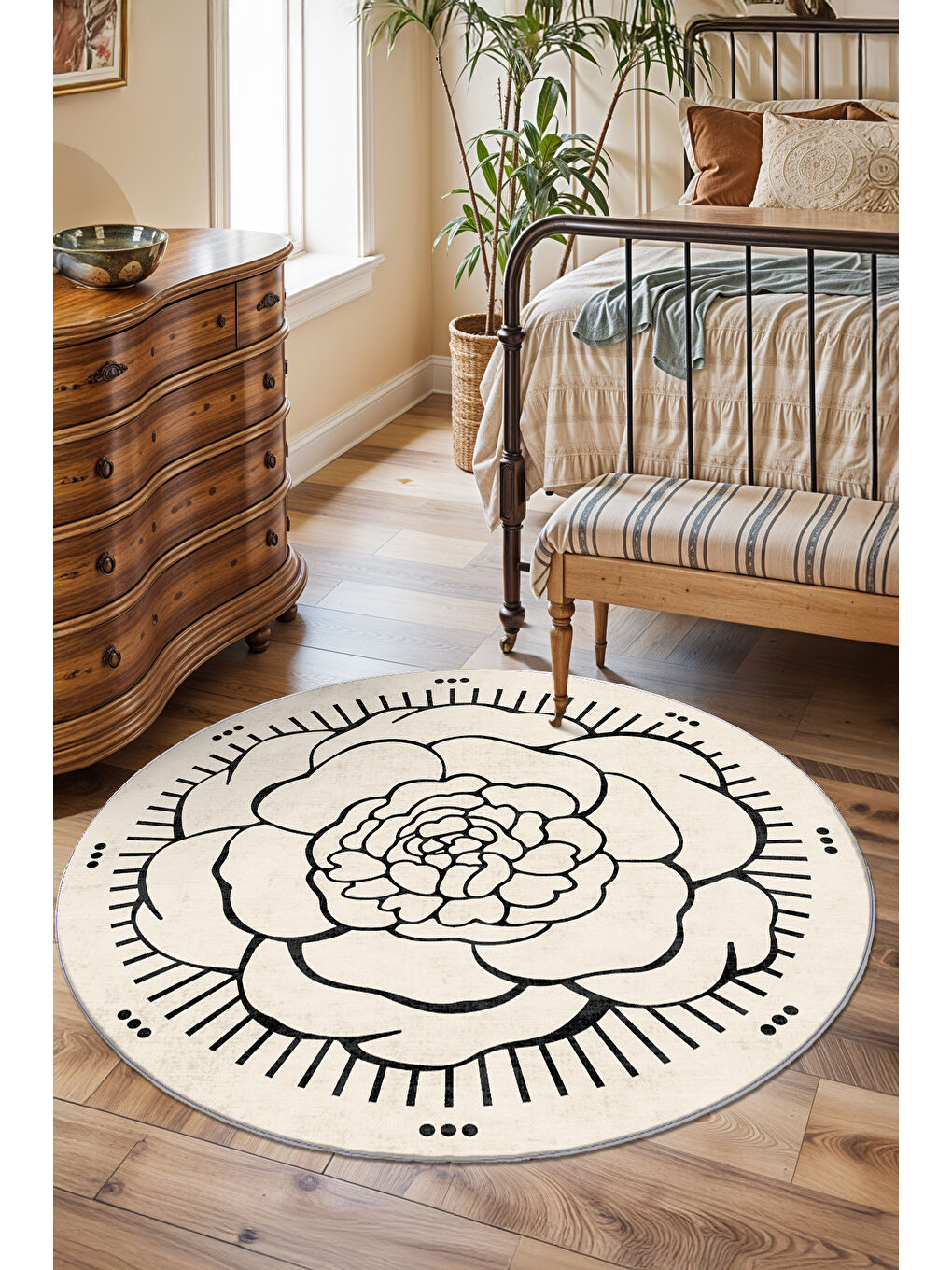 Ekru Dekoratif Salon Halısı, Makinada Yıkanabilir, Kaymaz Taban, İnce & Modern Tasarım-1