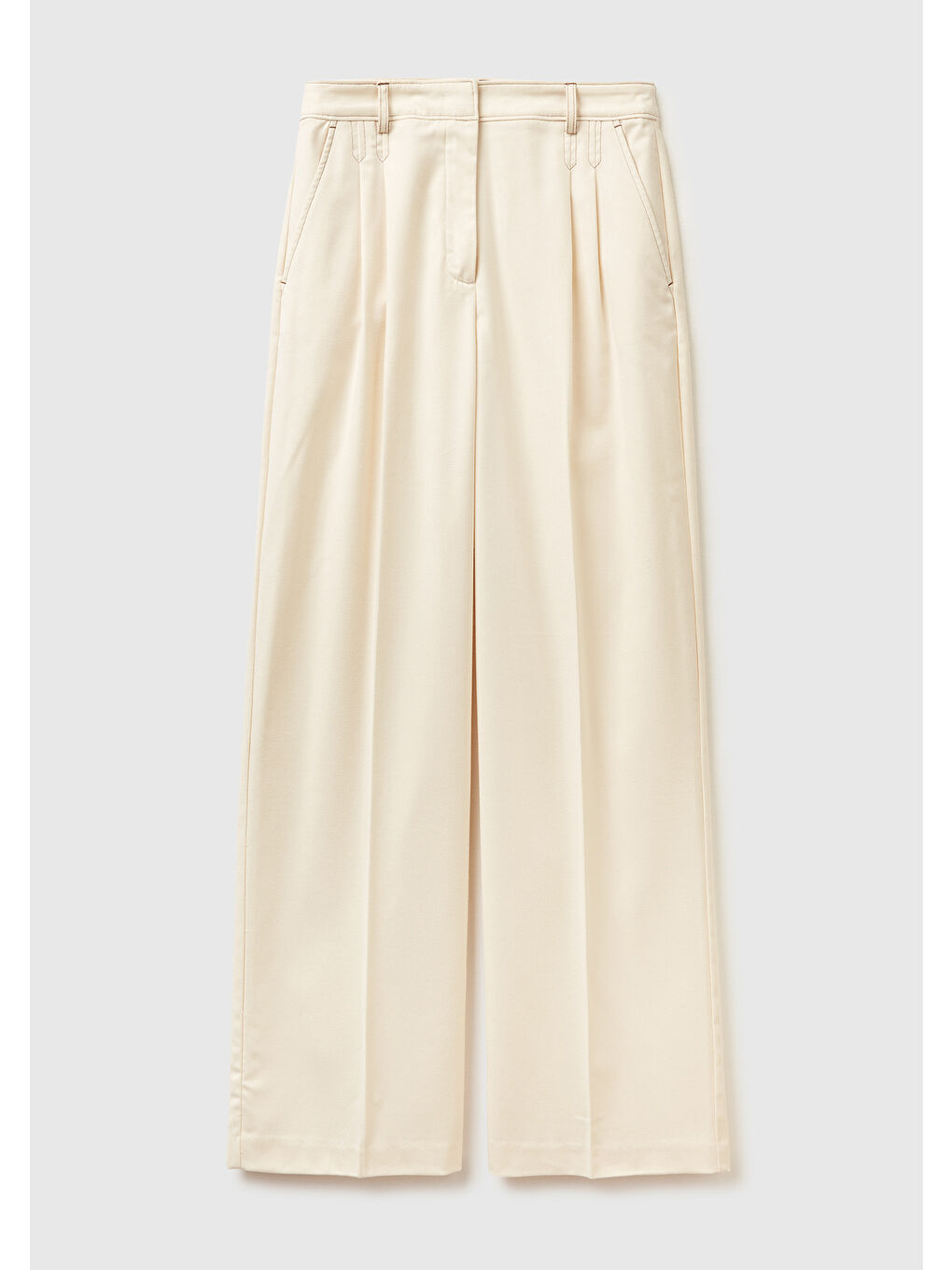 Kadın Ekru Viskoz ve Yün Karışımlı Gizli Düğmeli Geniş Paça Pantolon-1