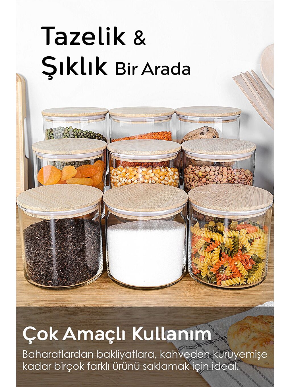 Renksiz 9'lu Bambu Kapak Cam Saklama Kabı Bakliyat Erzak Kavanozu Vakum Kapaklı Cam Kavanoz Seti 680 ml-2