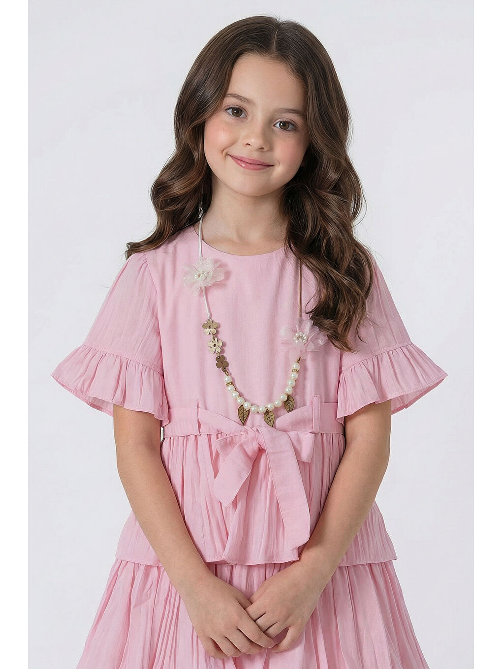 Pembe Kız Çocuk  Eteği Katlı Kısa Kollu Kolyeli Elbise-1