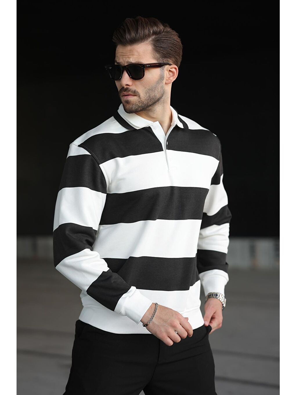 Siyah Çizgili Polo Yaka Erkek Kazak E7173-3