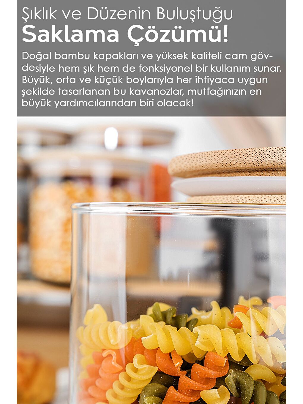 Renksiz 9'lu Bambu Kapak Cam Saklama Kabı Bakliyat Erzak Kavanozu Vakum Kapaklı Cam Kavanoz Seti 680 ml-4