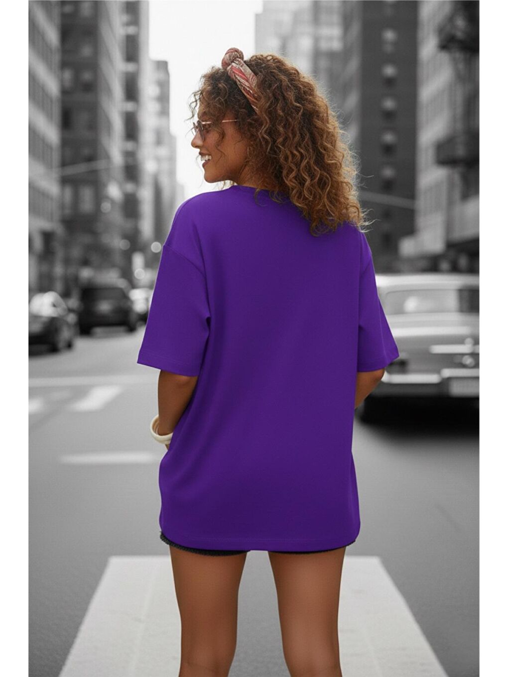 Mor Mily Kadın Oversize Basic Bisiklet Yaka Pamuklu T-Shirt Rahat Kesim Unisex Sevgili Kombini-2