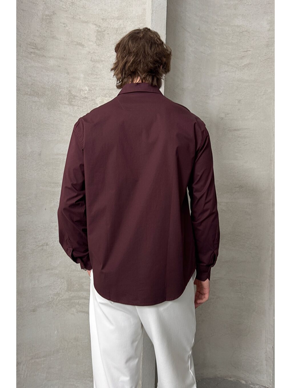 Bordo Erkek Oversize Pamuklu Poplin Gömlek-6