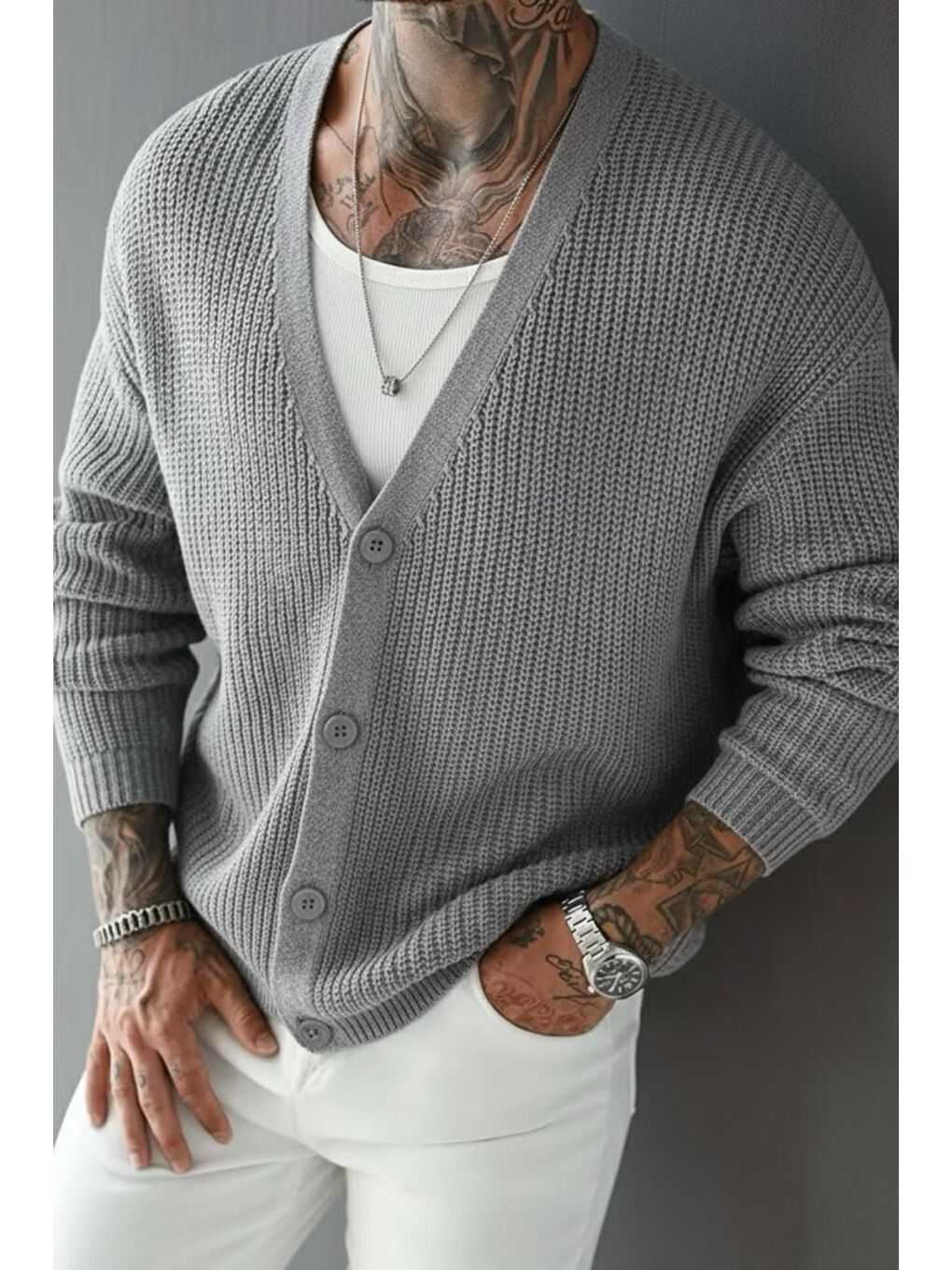 Gri Grov Düğmeli V Yaka Kalın Erkek Hırka