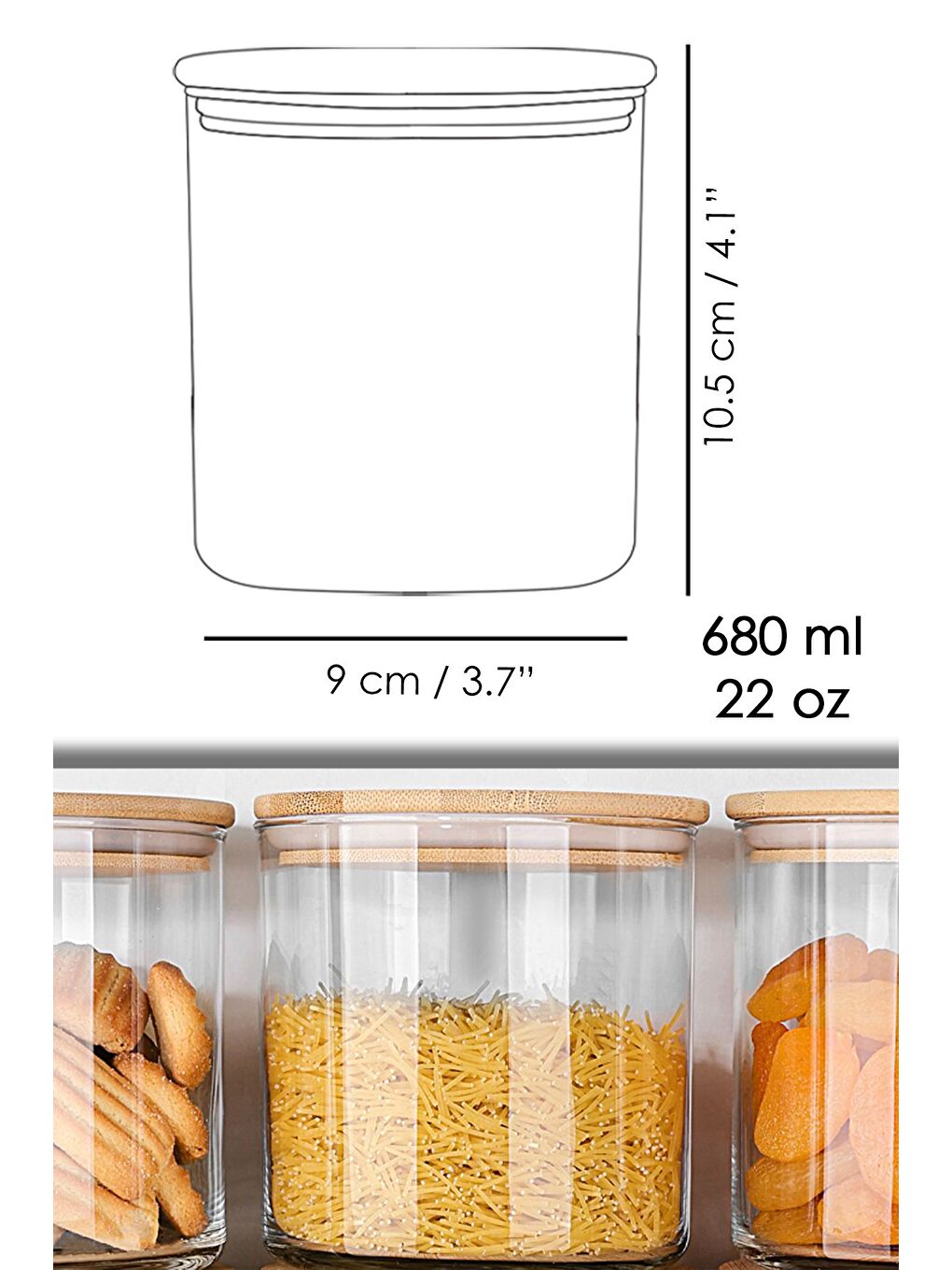 Renksiz 9'lu Bambu Kapak Cam Saklama Kabı Bakliyat Erzak Kavanozu Vakum Kapaklı Cam Kavanoz Seti 680 ml-7
