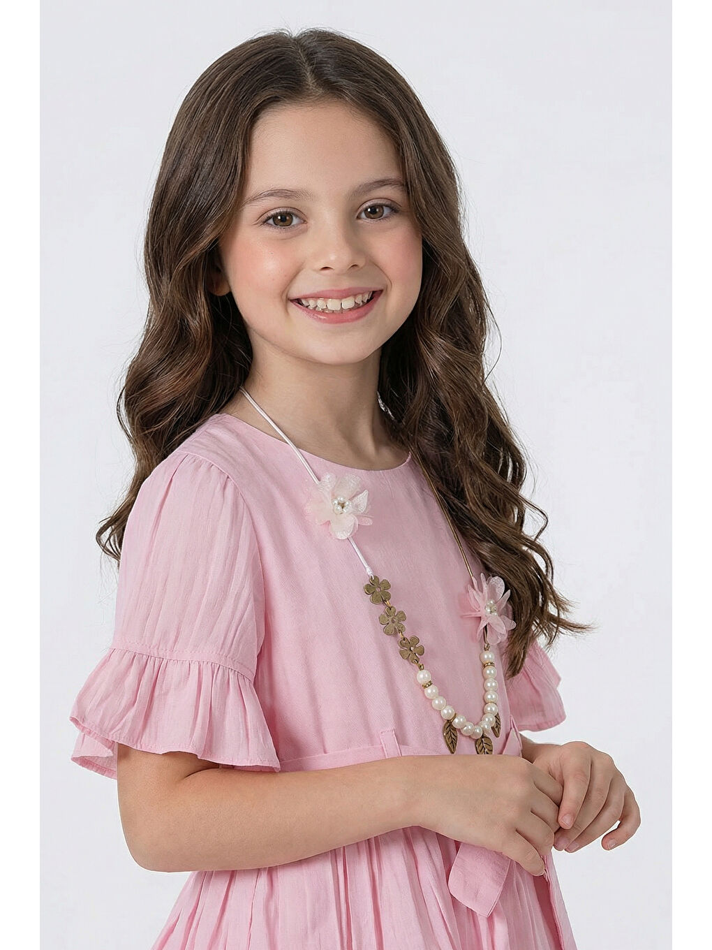 Pembe Kız Çocuk  Eteği Katlı Kısa Kollu Kolyeli Elbise-2