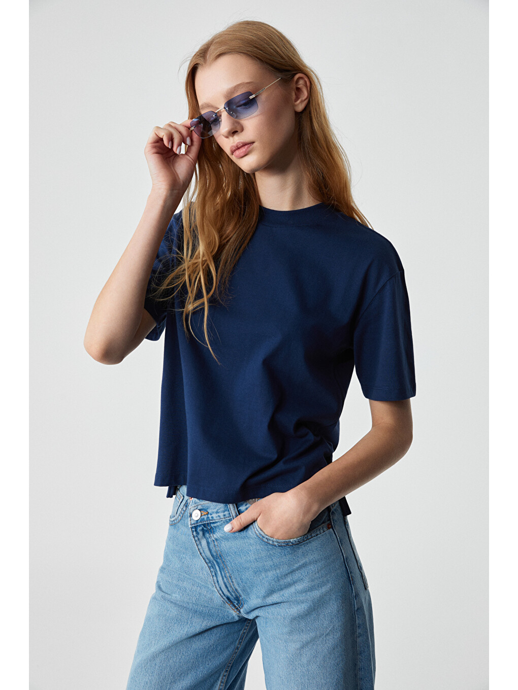 Remsos Kadın Oversize Bisiklet Yaka Kısa Kol Lacivert T-shirt-2