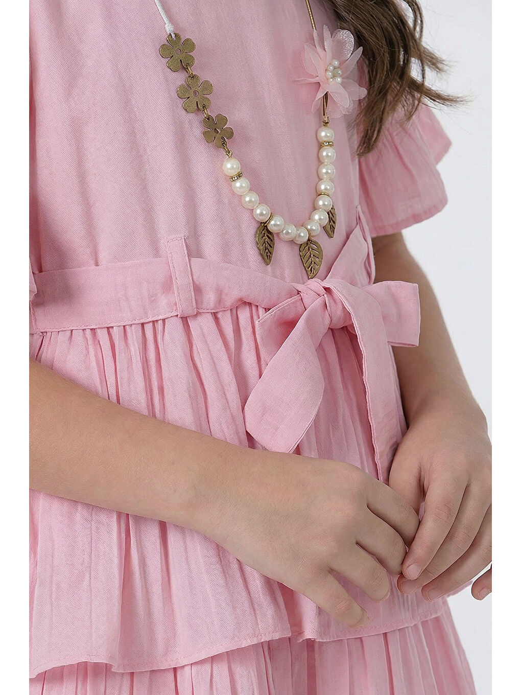 Pembe Kız Çocuk  Eteği Katlı Kısa Kollu Kolyeli Elbise-3