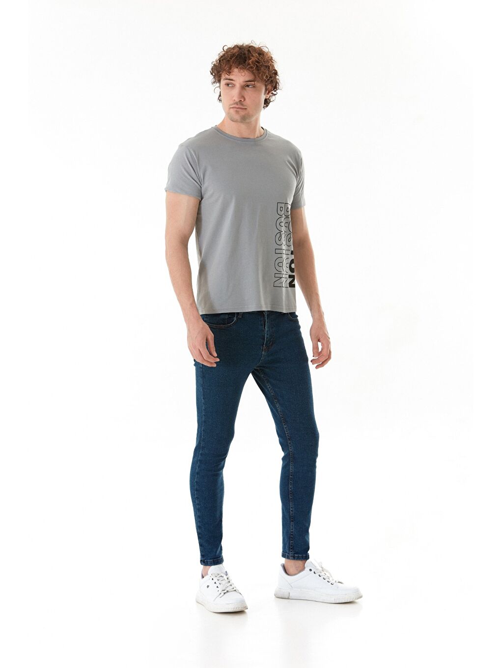 Gri Boston Yazı Baskılı Bisiklet Yaka %100 Pamuk Tişört-1