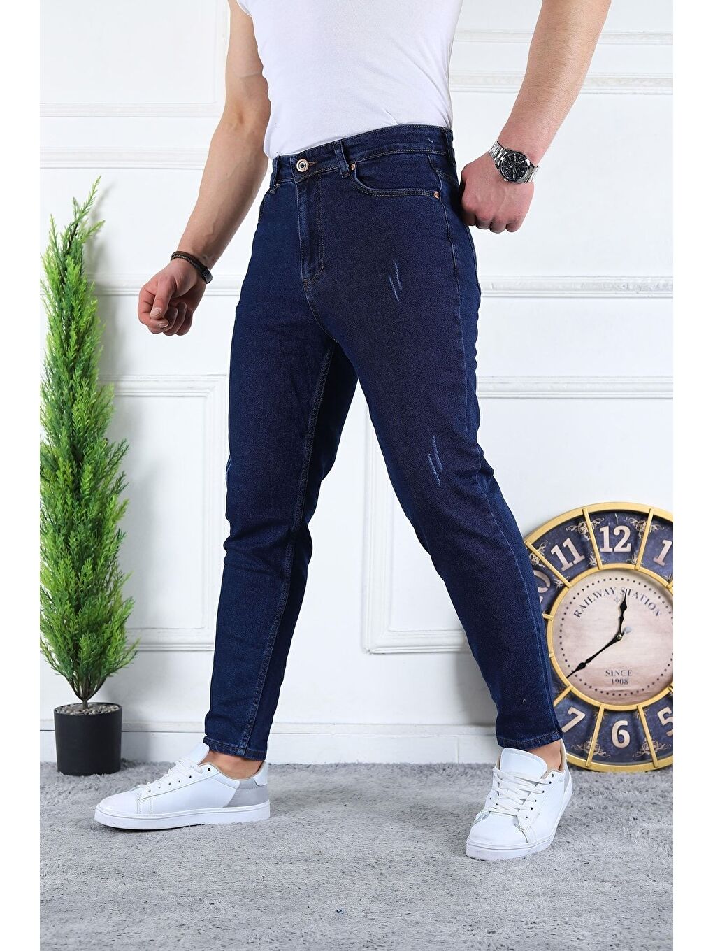Erkek Elastanlı Jean Boyfriend Denim Lacivert Jean Pantolon