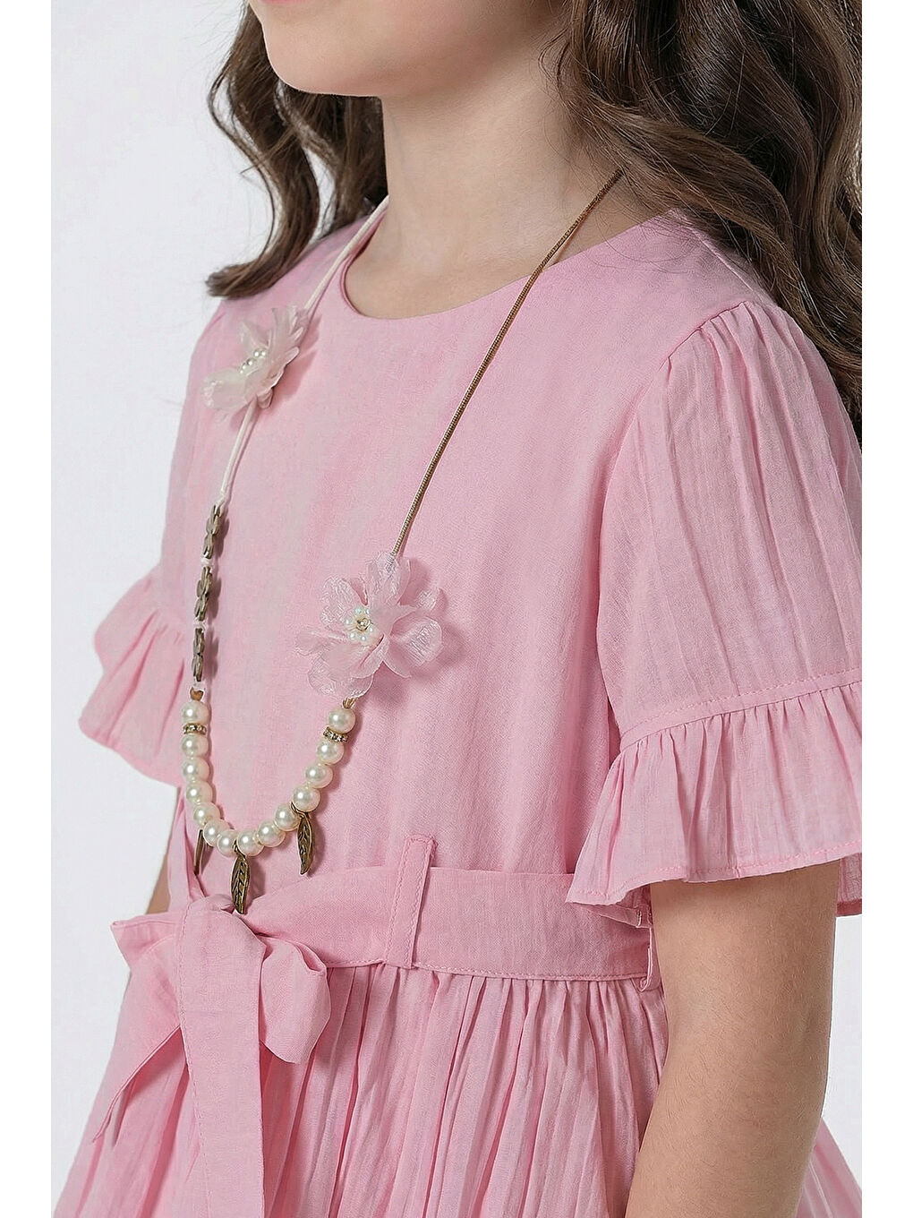 Pembe Kız Çocuk  Eteği Katlı Kısa Kollu Kolyeli Elbise-4