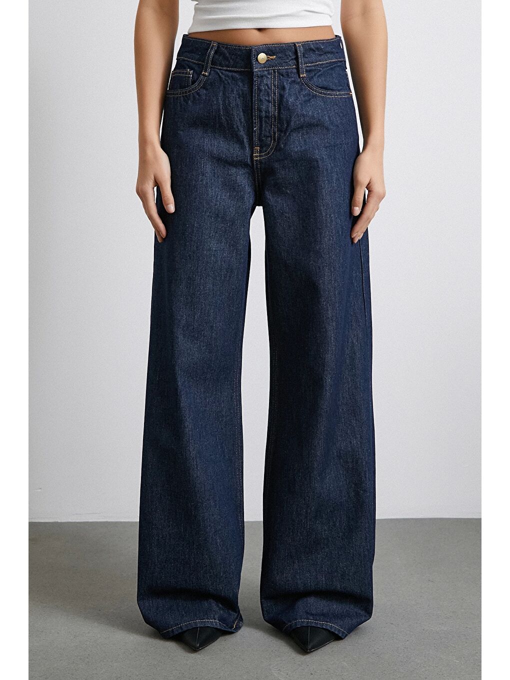 Beş Cepli Yüksek Bel Bol Paça Jean Lacivert-4